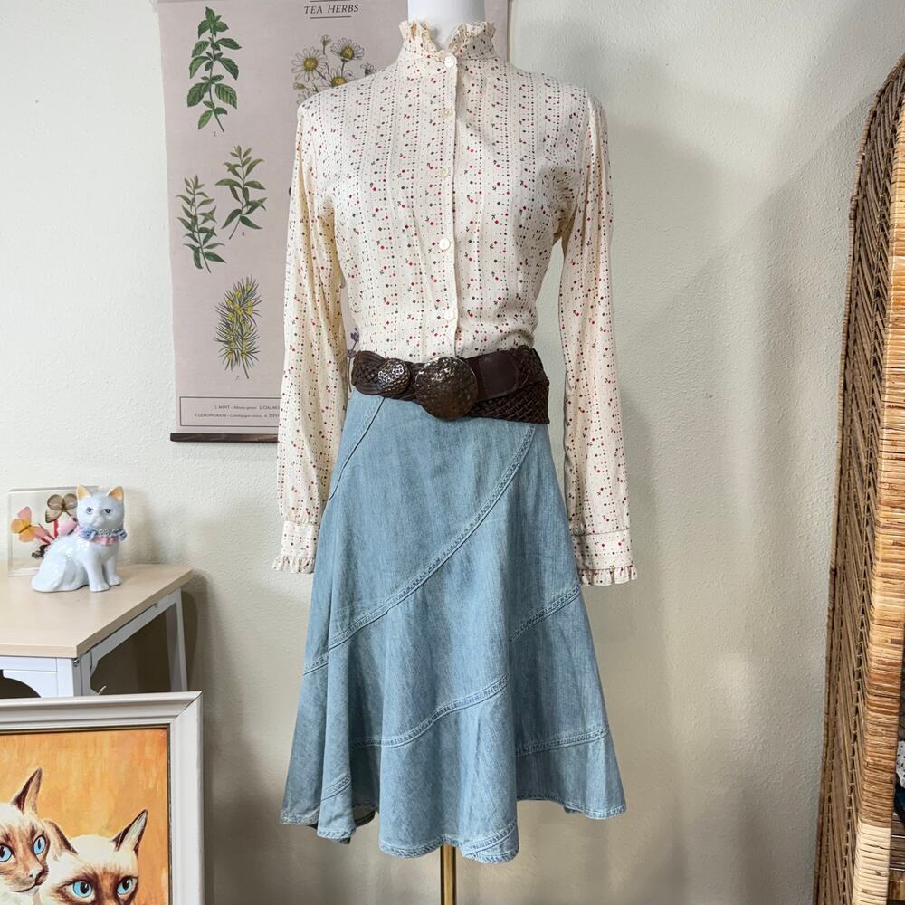 Vintage 70s Ruffle Print Button Up Shirt Cottage Prairie Forest Whimsy Twee S